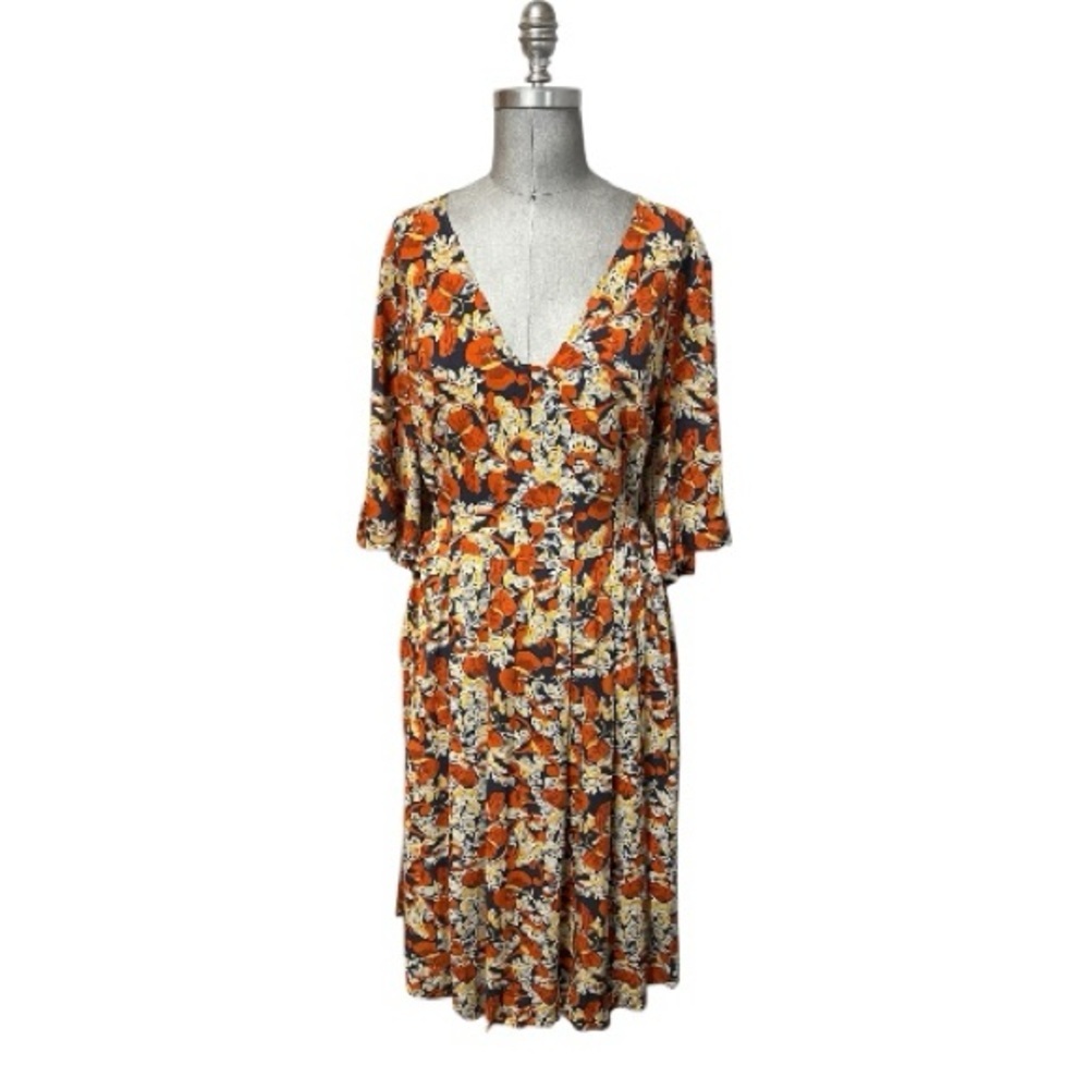Porridge Floral V-Neck Dress in Orange Blue and Cream Butterflies Size 1X